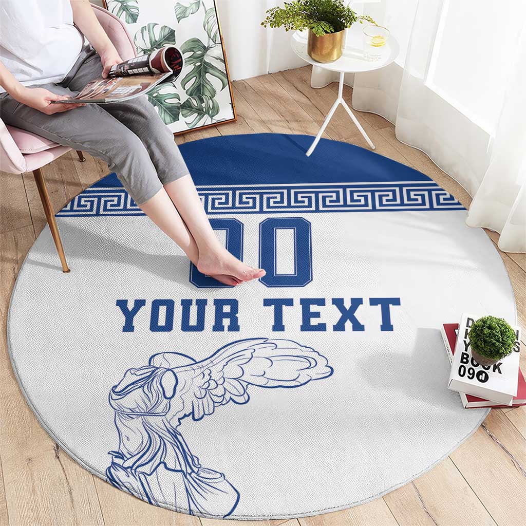 Custom round football carpet, light gray with blue Greek key band, 'YOUR TEXT', 00, winged figure