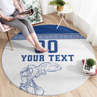 Custom round football carpet, light gray with blue Greek key band, 'YOUR TEXT', 00, winged figure