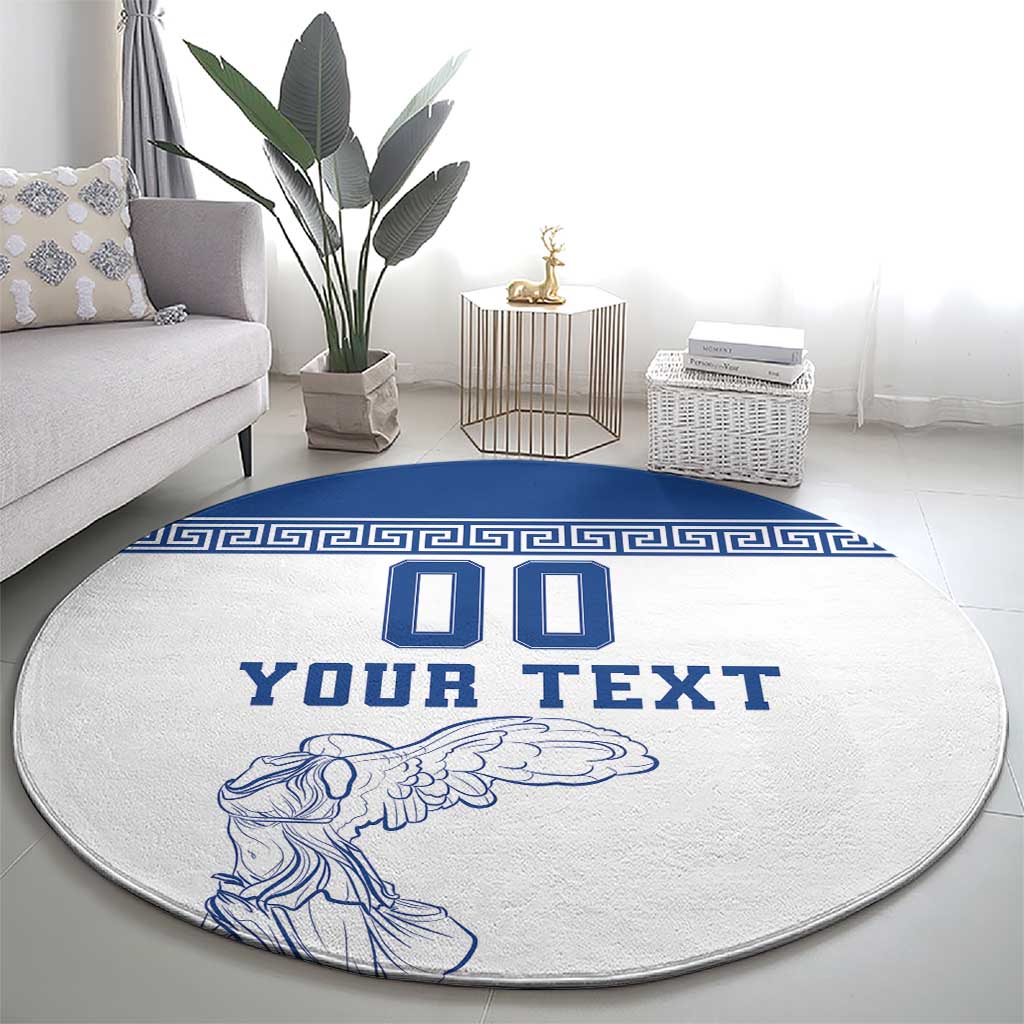 Custom round football carpet, light gray with blue Greek key band, 'YOUR TEXT' and winged statue