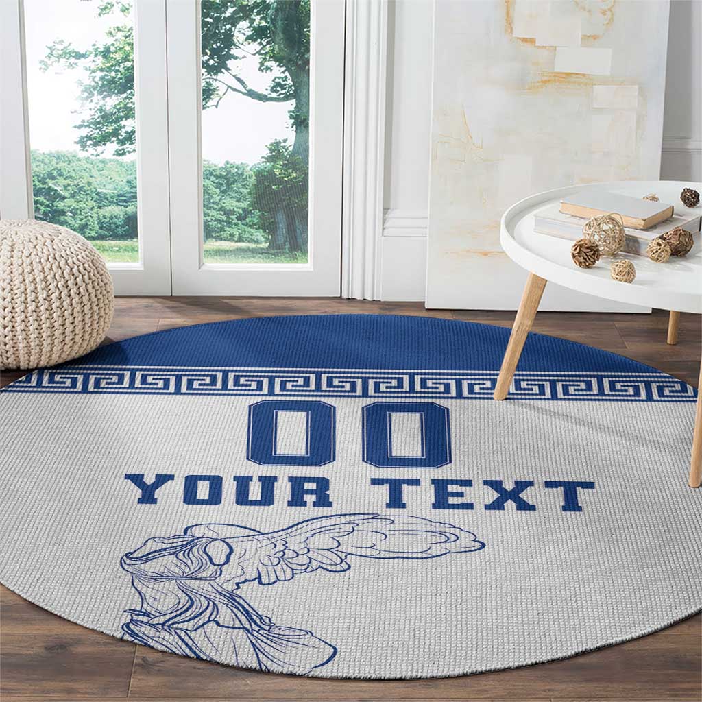 Custom round football carpet, light gray with blue Greek key border, 'YOUR TEXT' and 00