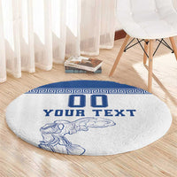 Custom round football carpet, light gray with blue Greek key band, 'YOUR TEXT', 00, winged figure