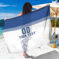 Blue-and-white Greece football sarong with Greek key border, 'YOUR TEXT' and '00' print