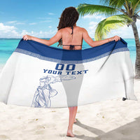 Blue-and-white sarong with Greek key trim, 'YOUR TEXT' and lion figure line art (rear view)