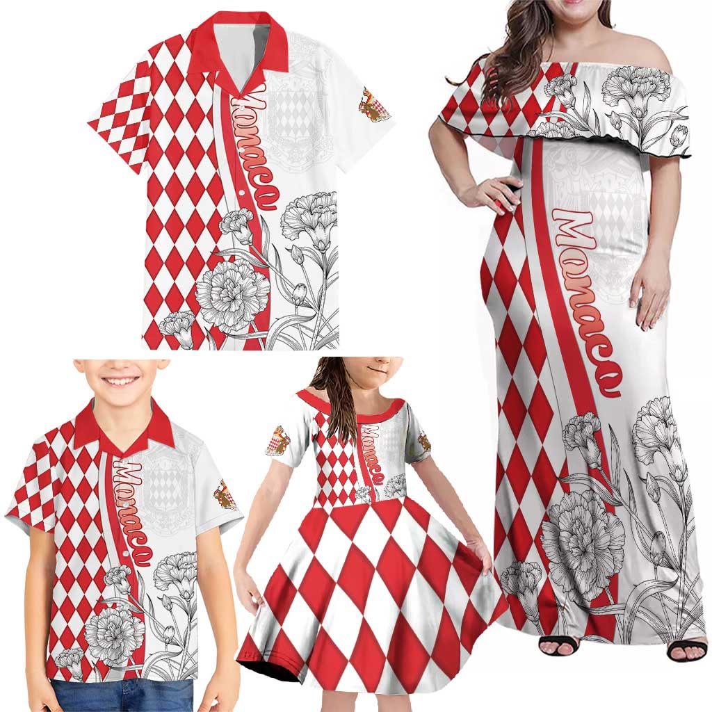 Monaco Deo Juvante Family Matching Off Shoulder Maxi Dress and Hawaiian Shirt Lozenge Flag Style