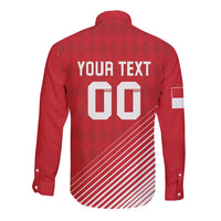 Red long-sleeve button football shirt with back text and number graphic