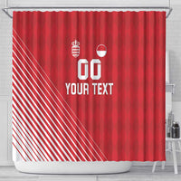 Red football shower curtain with shield emblem, circle icon, and 'YOUR TEXT' lettering