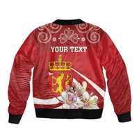 Red zip-up bomber jacket with ribbed hem and back Your Text graphic crest