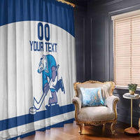 Blue-and-white hockey window curtain panel with polar bear player graphic and 'YOUR TEXT'