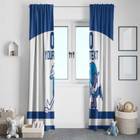Blue-and-white hockey window curtain set with polar bear graphic and 'YOUR TEXT' print