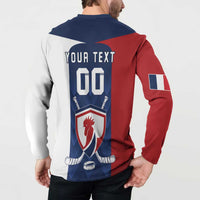 Back view button-front hockey sweatshirt in red and navy with 'YOUR TEXT' 00