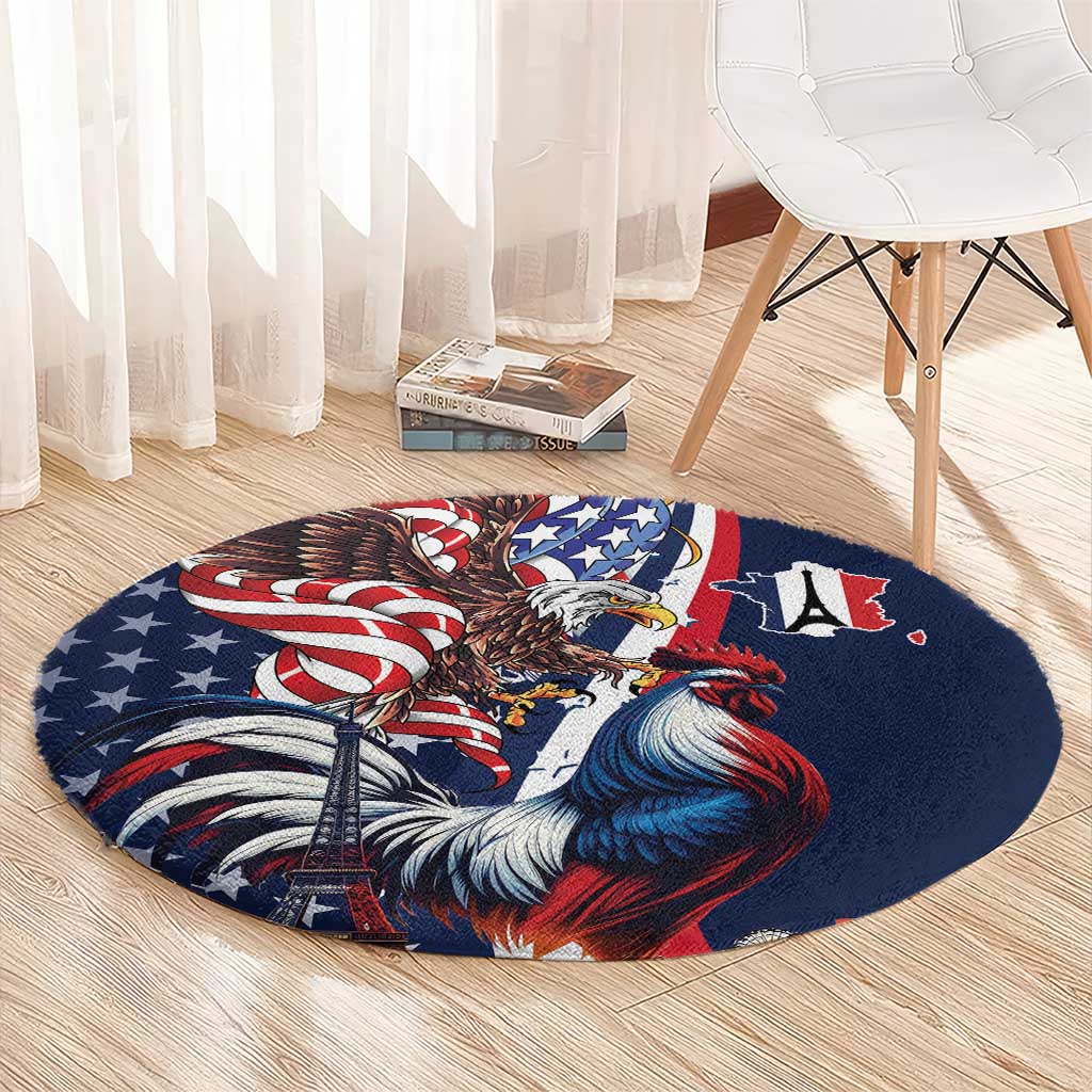 French American Heritage Month Round Carpet Gallic Rooster And Bald Eagle