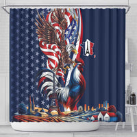 Blue shower curtain with eagle and rooster graphic, stars and red-white flag stripes