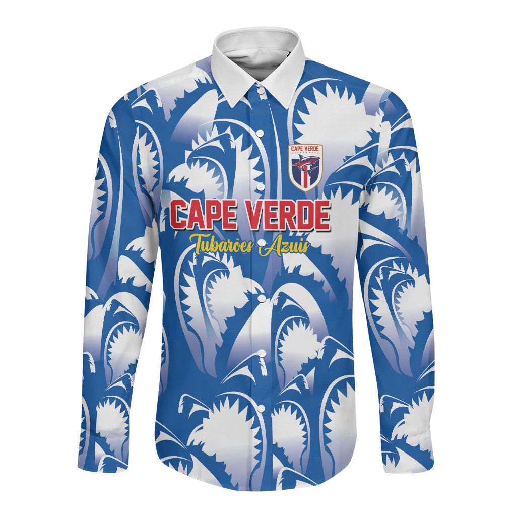 Custom Football Cape Verde Blue Sharks Long Sleeve Button Shirt Rise Again Island