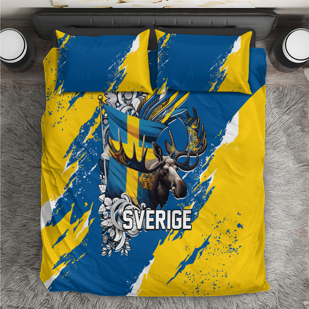 Sweden Flag Day Bedding Set Majestic Elk Floral Nordic Heritage