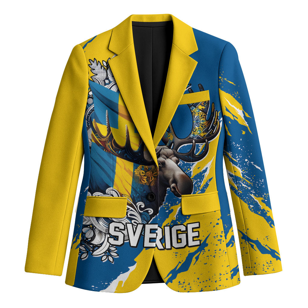 Sweden Flag Day Blazer Majestic Elk Floral Nordic Heritage