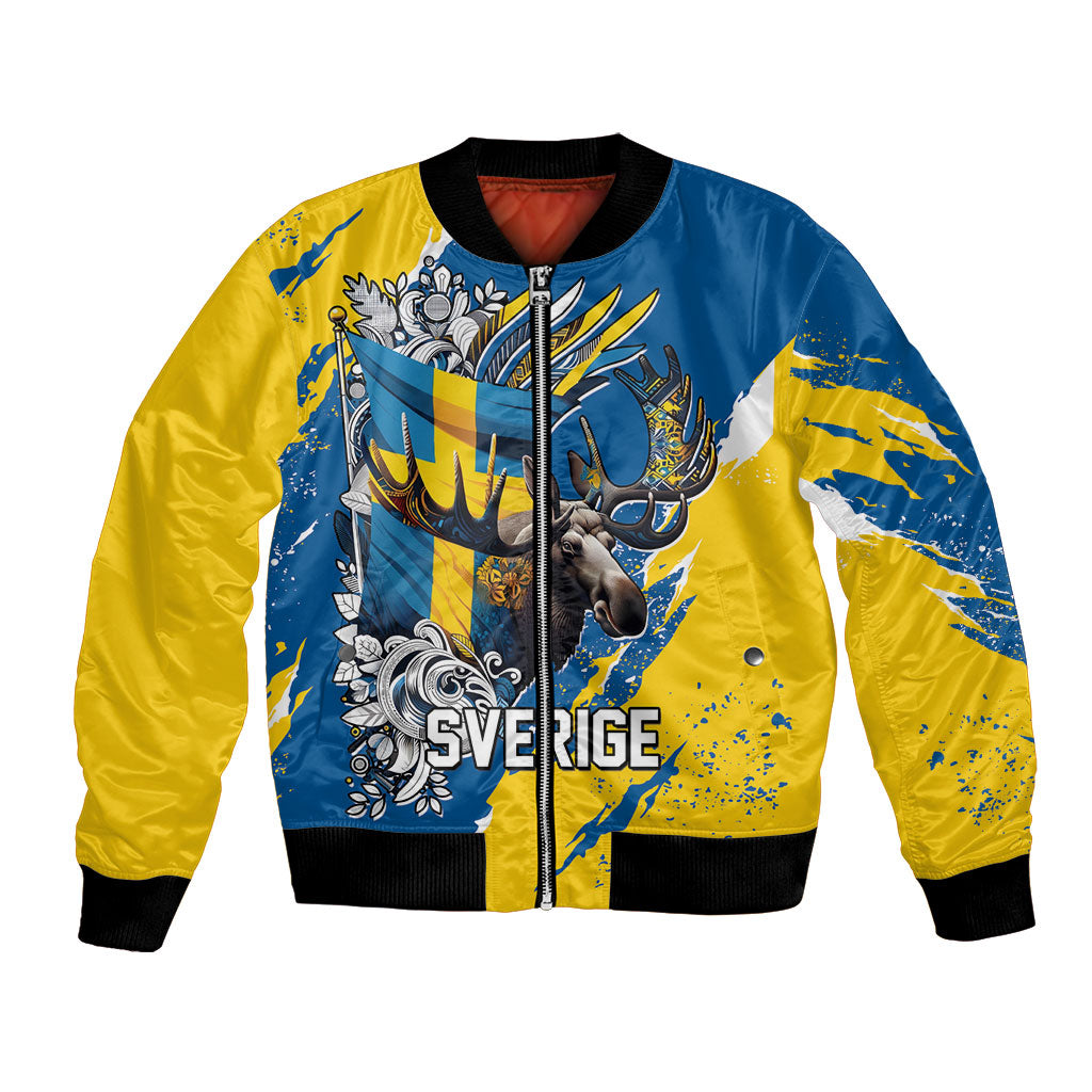 Sweden Flag Day Bomber Jacket Majestic Elk Floral Nordic Heritage