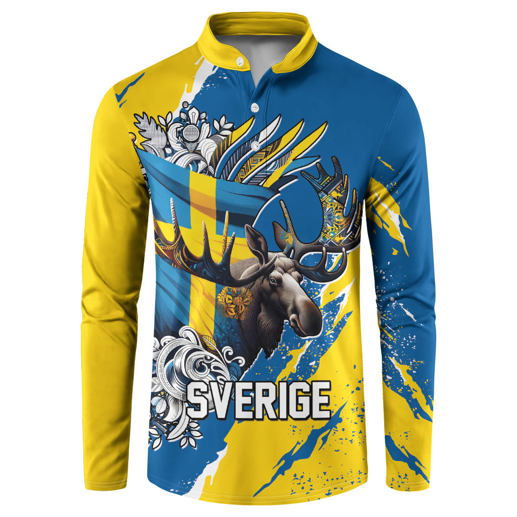 Sweden Flag Day Button Sweatshirt Majestic Elk Floral Nordic Heritage