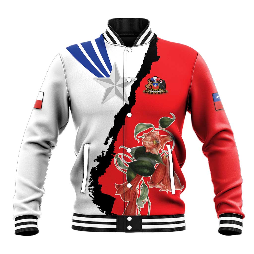 Red and white varsity baseball jacket with Chile flag graphic, star, button front, ribbed trim