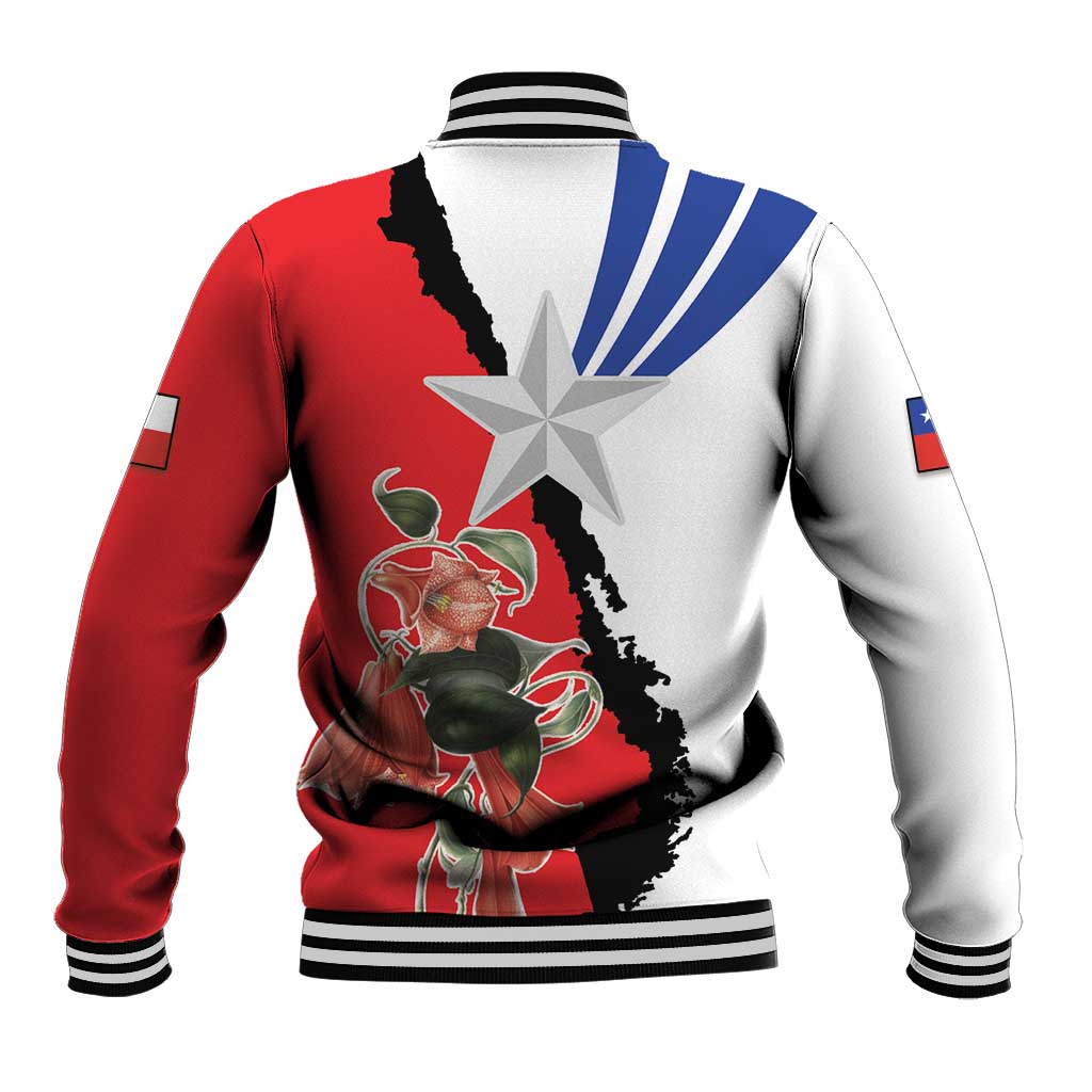Two-tone red and white baseball jacket with black graphic, star, ribbed collar and cuffs