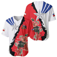 Chile baseball jersey, red-and-white split with large star and illustrated face graphic