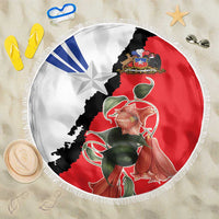 Round beach blanket with fringe, Chile flag map and coat of arms in red, white, blue