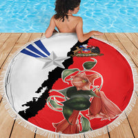 Round beach blanket with fringe, Chile flag round print with blue star and red graphic