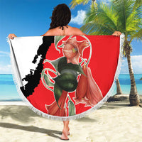 Round beach blanket with fringe, Chile flag portrait design in red, white, and blue