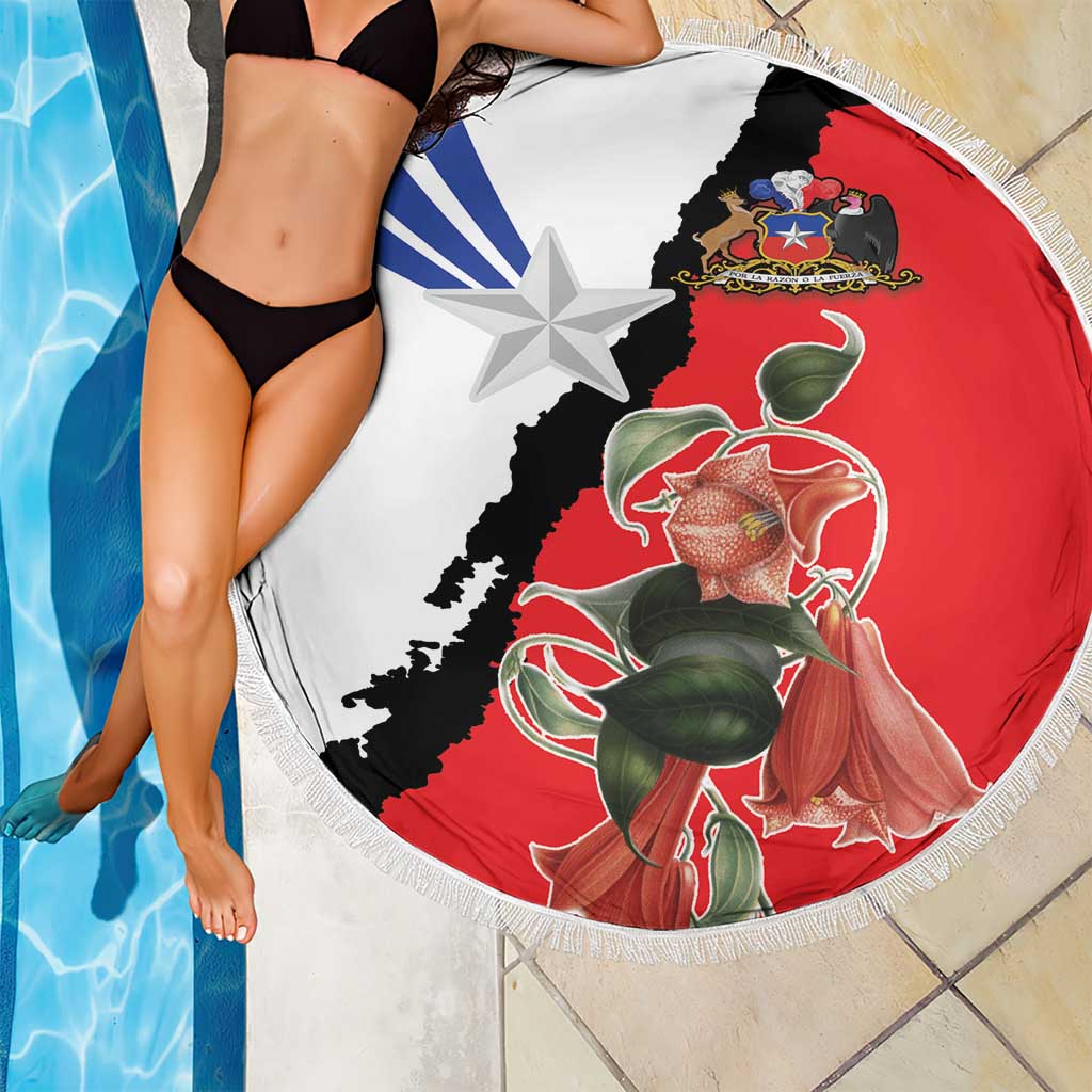 Round beach blanket with fringe, Chile flag map, star, and coat of arms print