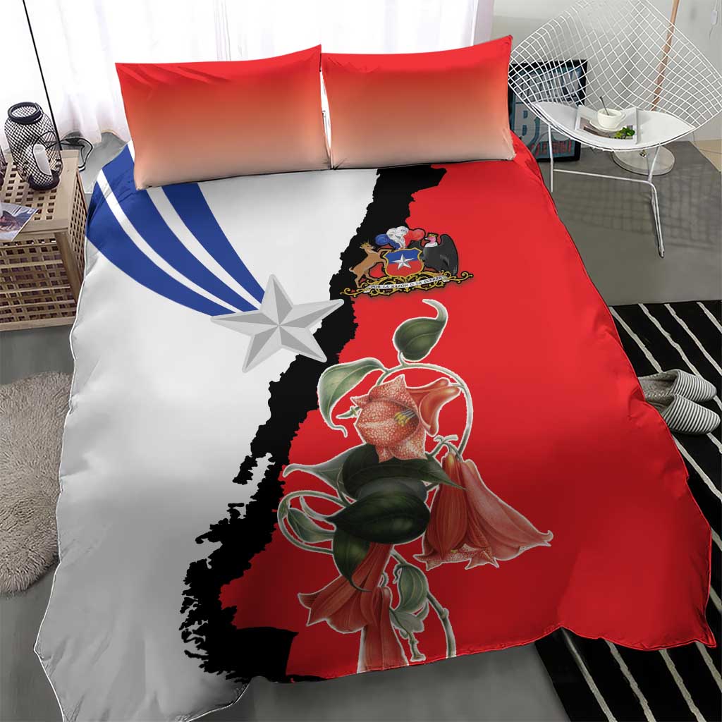 Chile bedding set featuring red, white, blue, and black flag art; duvet and two pillows