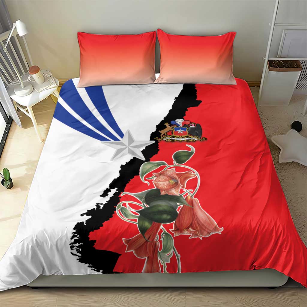 Chile bedding set with red, white, blue, and black flag design; duvet and two pillows