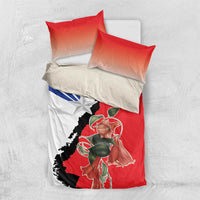 Chile bedding set top view with red, white, blue, and black flag graphic; duvet and pillows