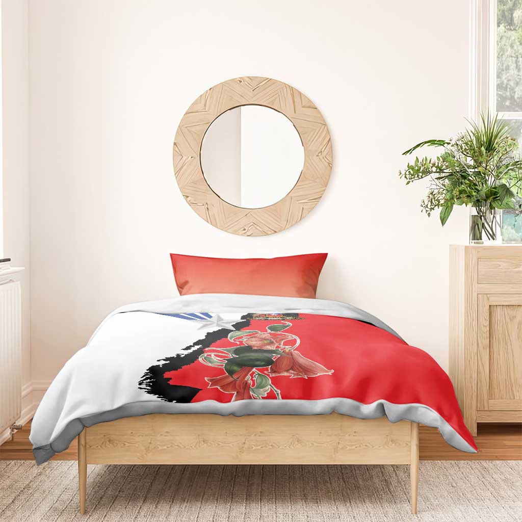 Chile bedding set with red, white, blue, and black flag artwork; duvet cover with pillow