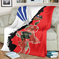 Chile flag blanket on beige sofa with red white black panels, star and rose illustration