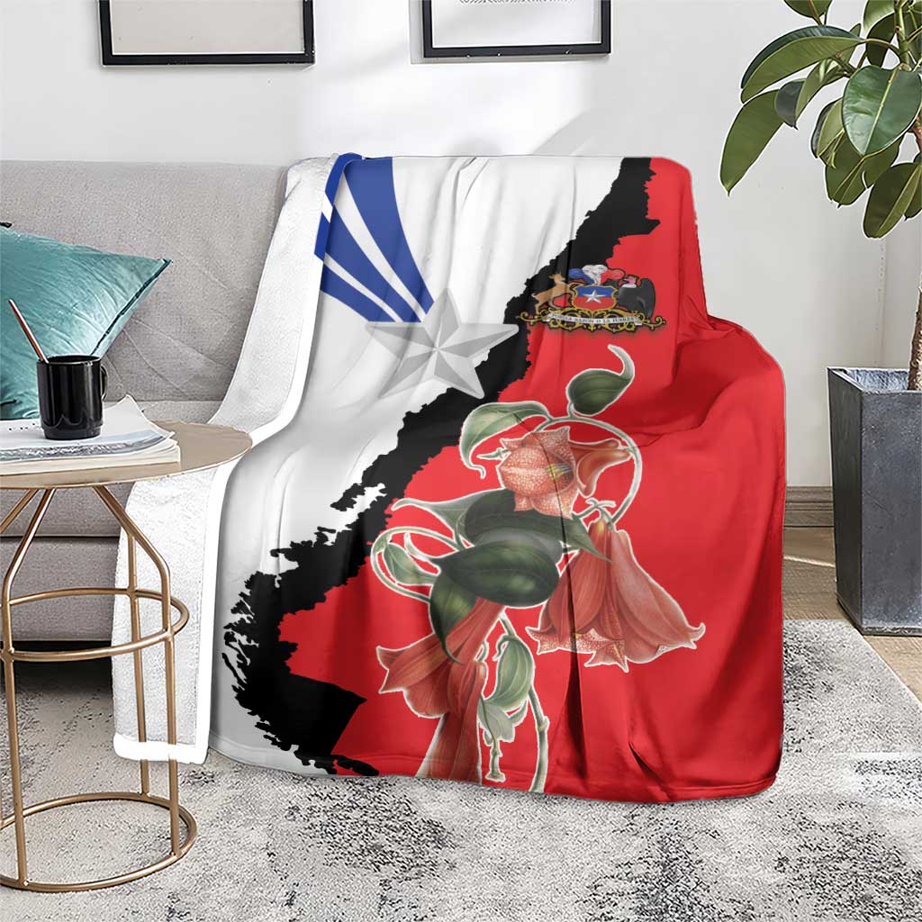 Chile flag blanket in red, white, and black with star and floral rose artwork