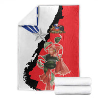Chile flag blanket stacked with red white black panels featuring star and rose design
