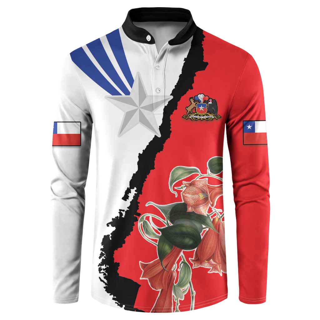 Long-sleeve button sweatshirt with Chile flag graphic, star and flowers in red/white/blue