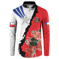 Long-sleeve button sweatshirt with Chile flag graphic, star and flowers in red/white/blue