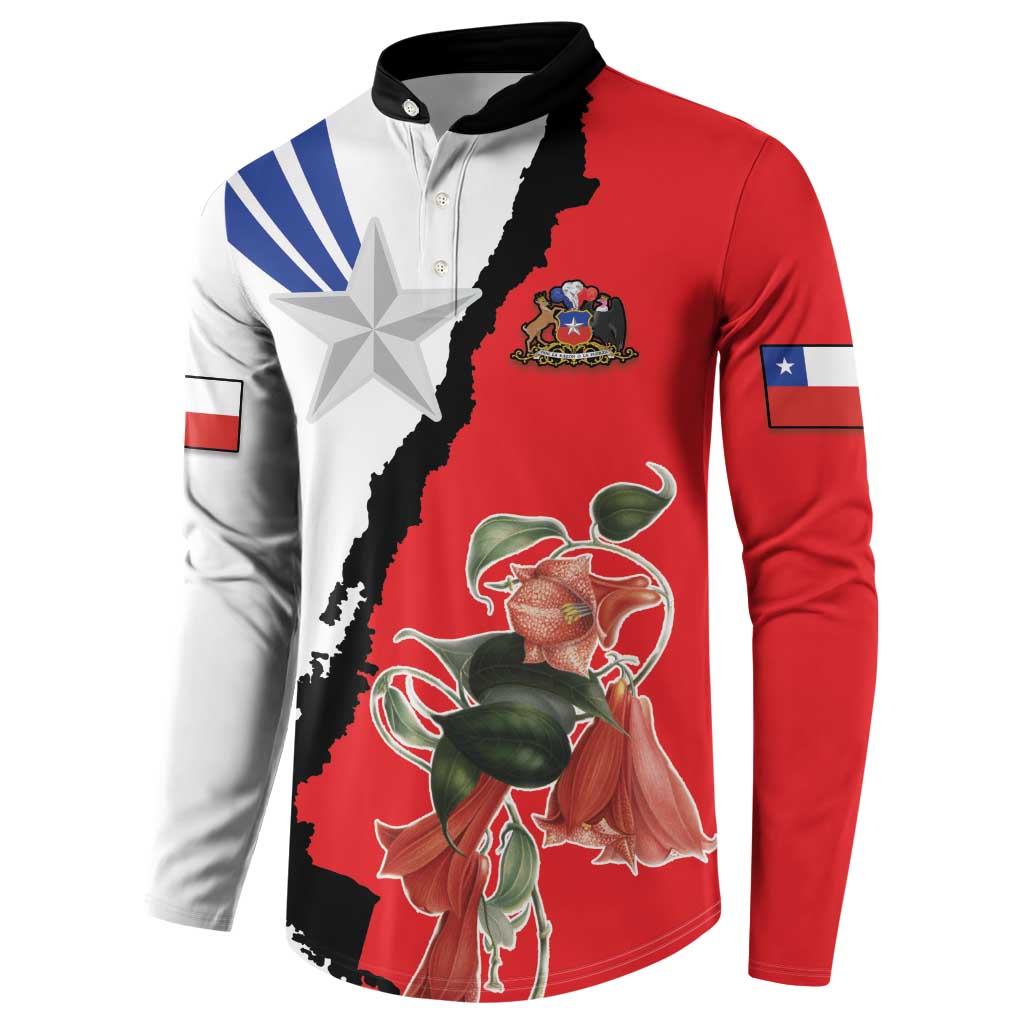 Long-sleeve button sweatshirt with Chile flag graphic, coat-of-arms badge and flowers; red/white/blue