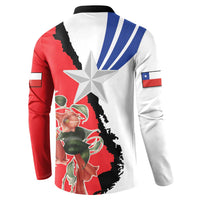 Long-sleeve button sweatshirt, back Chile flag graphic with large star and red/white/blue sleeves