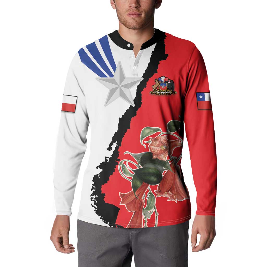 Long-sleeve button sweatshirt with Chile flag graphic, black collar and buttons; red/white/blue