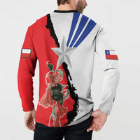 Long-sleeve button sweatshirt with Chile flag back graphic and large star; red/white/blue; black trim