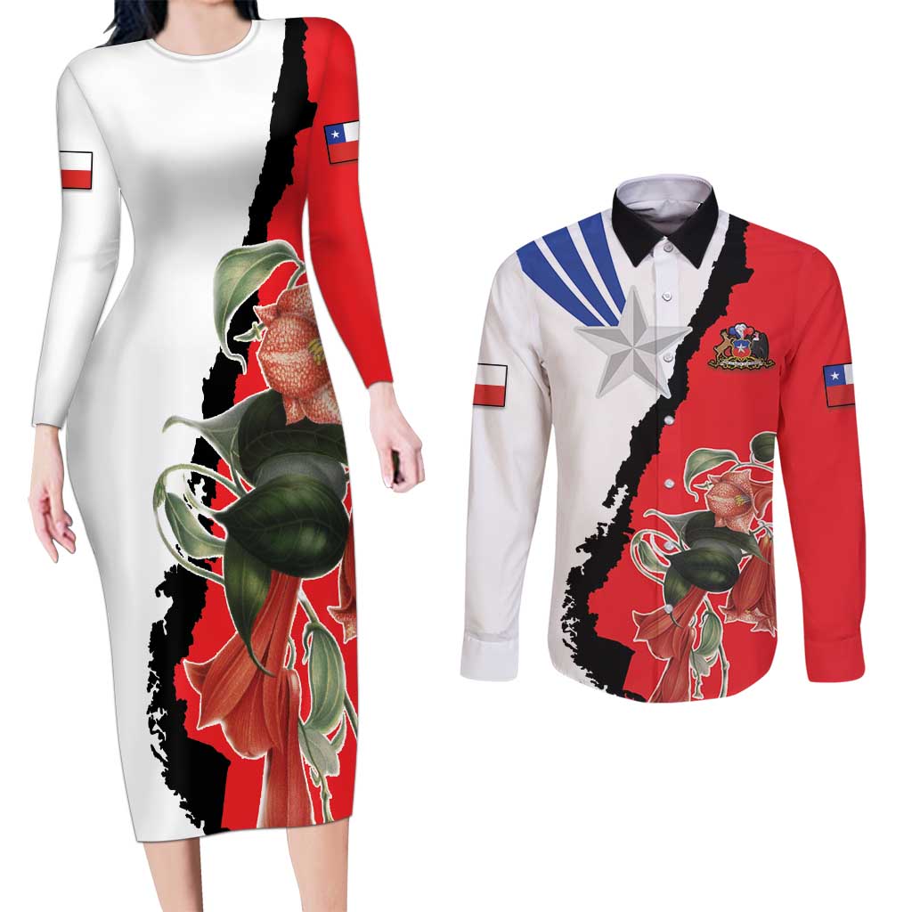 Chile Lapageria Rosea Couples Matching Long Sleeve Bodycon Dress and Long Sleeve Button Shirt With Flag Color - Wonder Print Shop