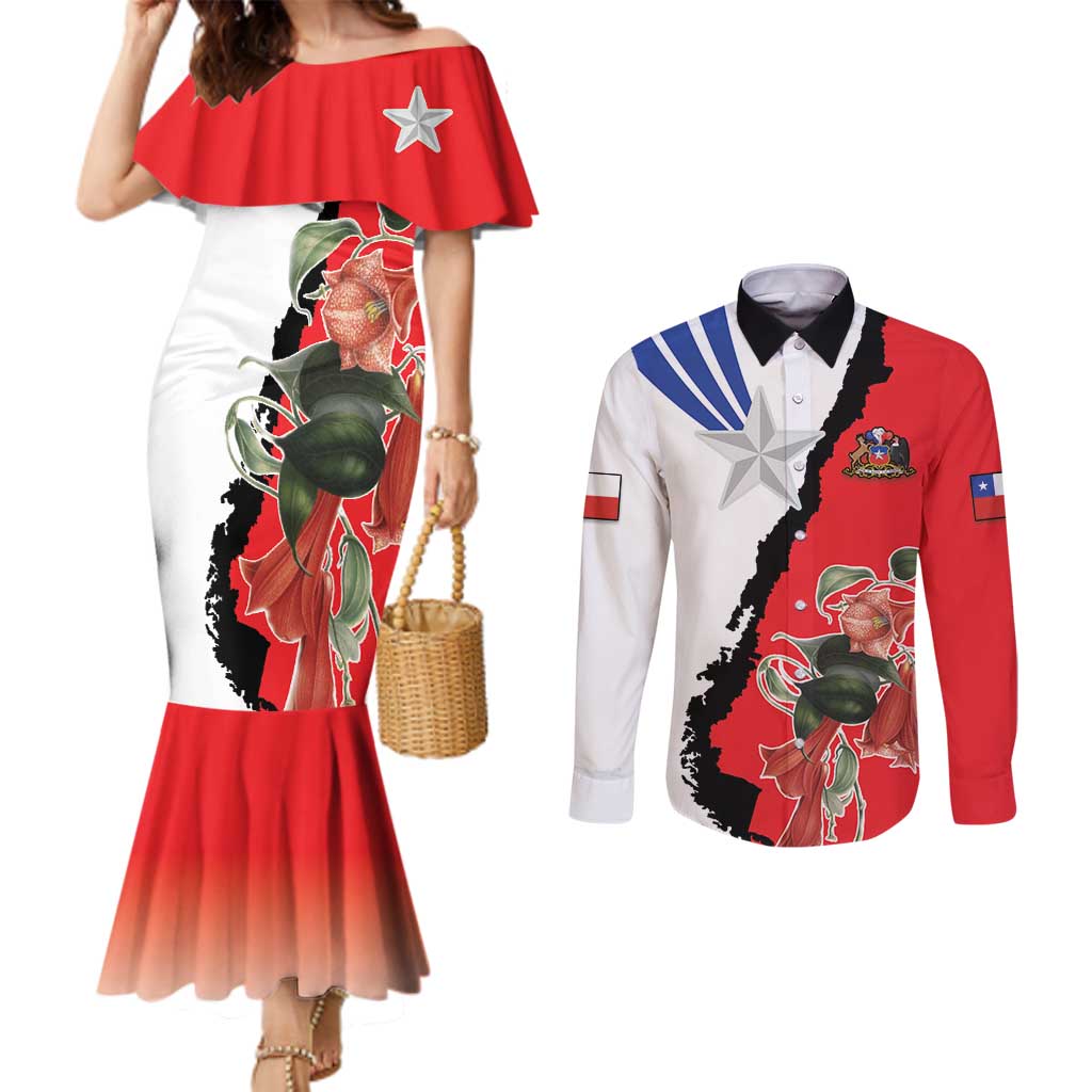 Chile Lapageria Rosea Couples Matching Mermaid Dress and Long Sleeve Button Shirt With Flag Color