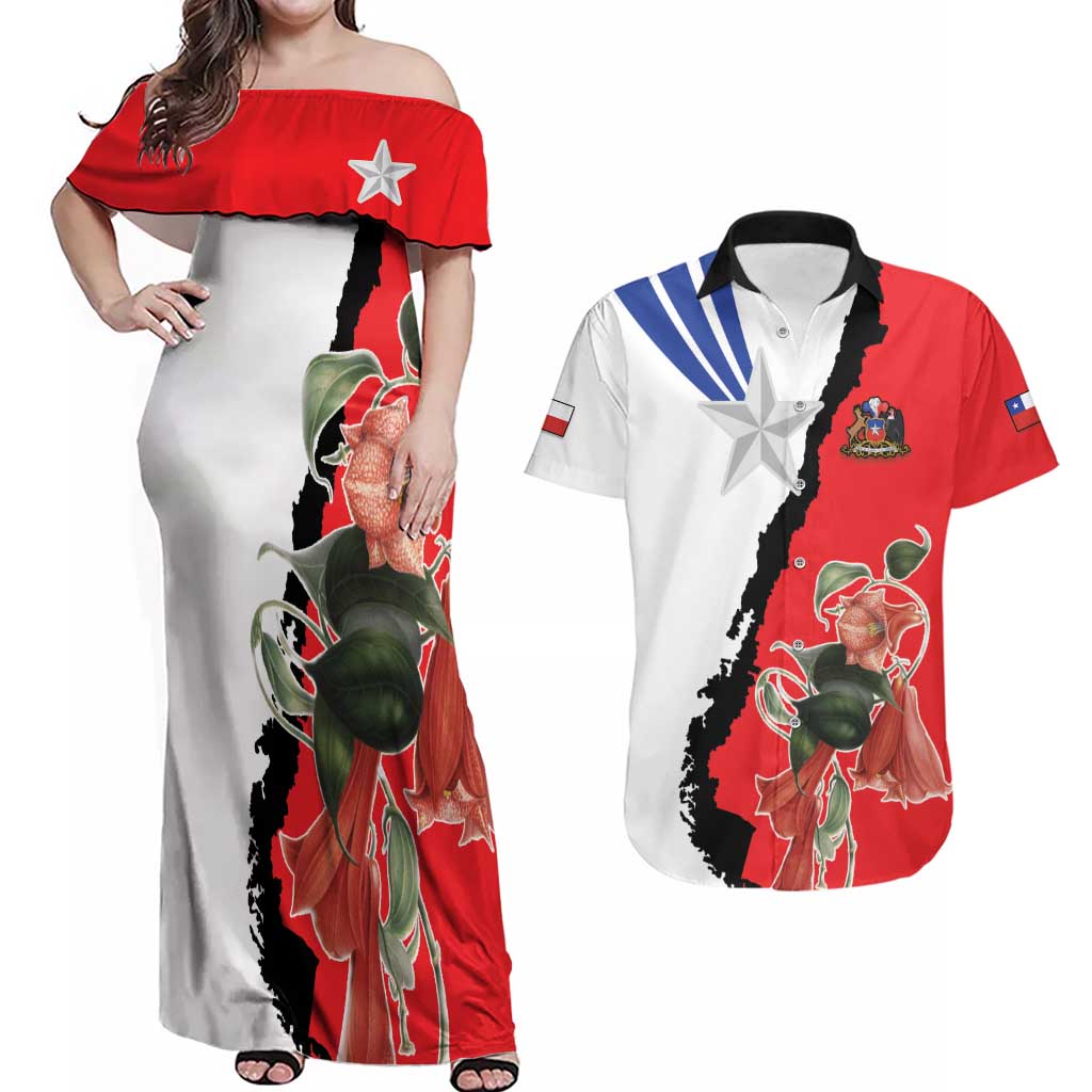 Chile Lapageria Rosea Couples Matching Off Shoulder Maxi Dress and Hawaiian Shirt With Flag Color - Wonder Print Shop