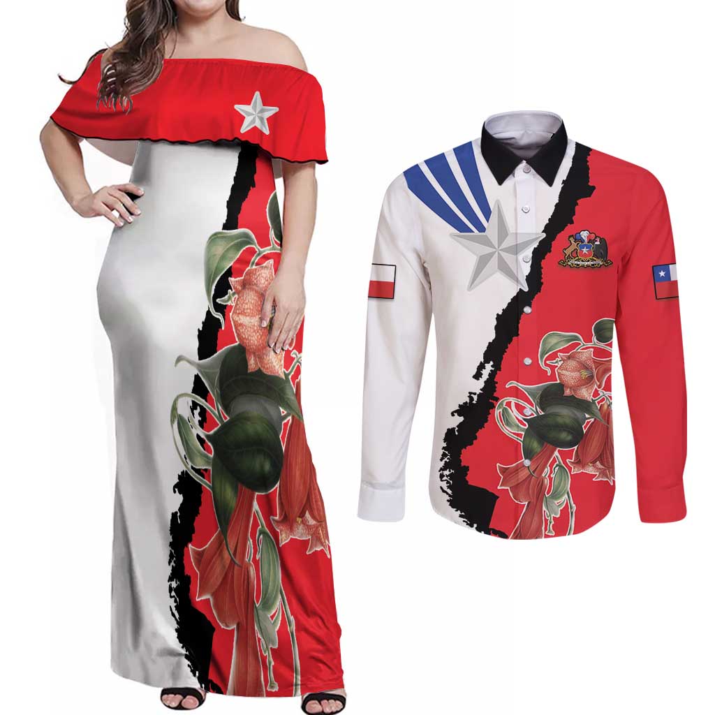 Chile Lapageria Rosea Couples Matching Off Shoulder Maxi Dress and Long Sleeve Button Shirt With Flag Color - Wonder Print Shop