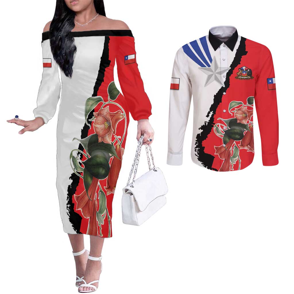 Chile Lapageria Rosea Couples Matching Off The Shoulder Long Sleeve Dress and Long Sleeve Button Shirt With Flag Color