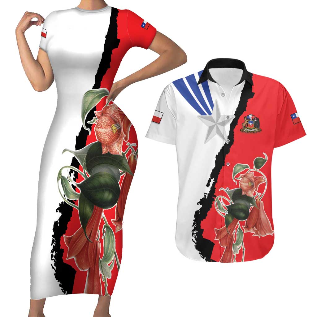 Chile Lapageria Rosea Couples Matching Short Sleeve Bodycon Dress and Hawaiian Shirt With Flag Color - Wonder Print Shop