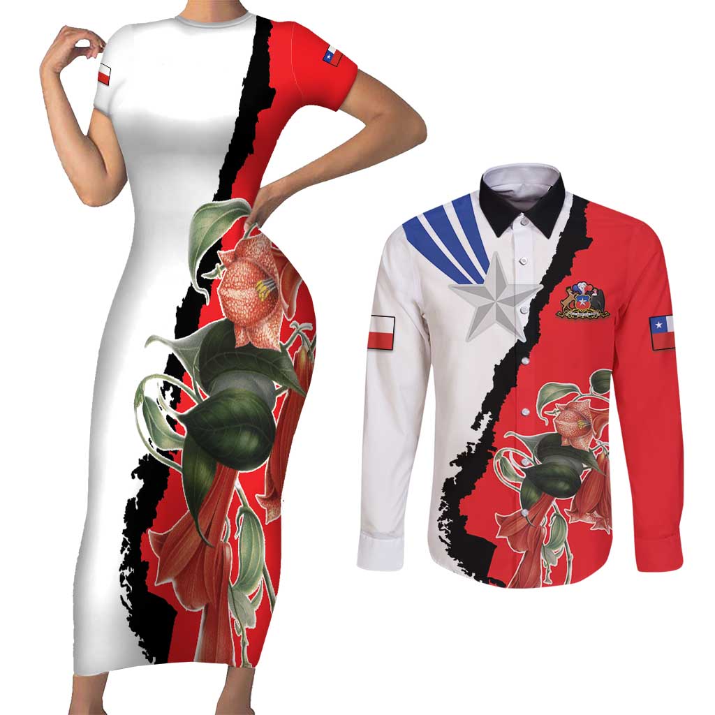 Chile Lapageria Rosea Couples Matching Short Sleeve Bodycon Dress and Long Sleeve Button Shirt With Flag Color - Wonder Print Shop