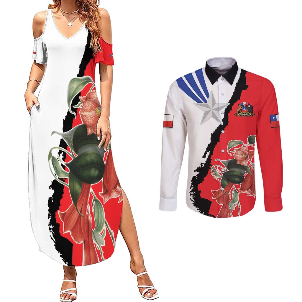 Chile Lapageria Rosea Couples Matching Summer Maxi Dress and Long Sleeve Button Shirt With Flag Color - Wonder Print Shop