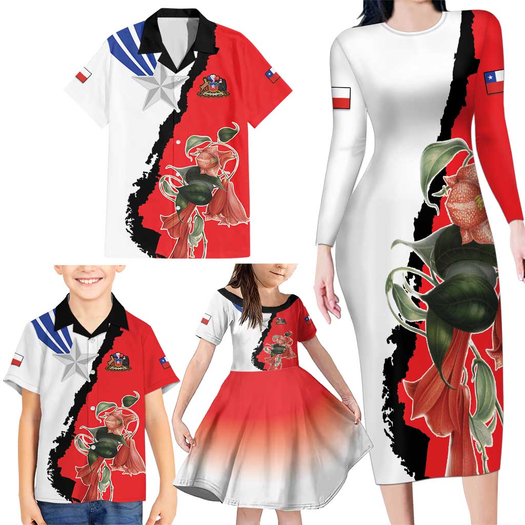 Chile Lapageria Rosea Family Matching Long Sleeve Bodycon Dress and Hawaiian Shirt With Flag Color - Wonder Print Shop